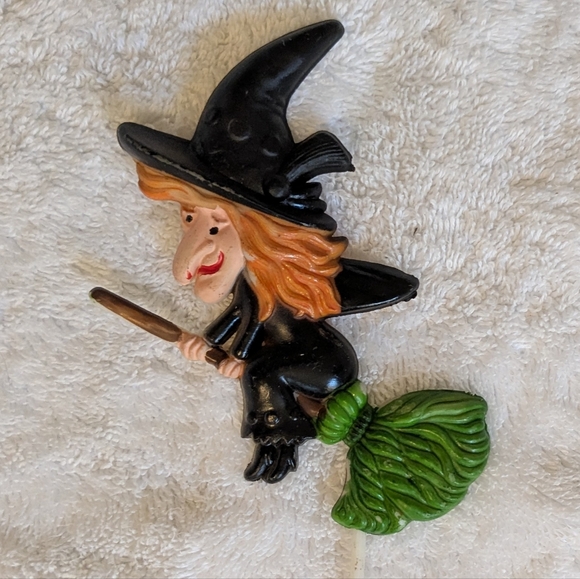 Other - Vintage 70s Halloween Cake Topper Hard Plastic Witch Riding Broom Holiday Season